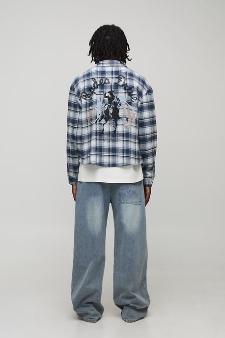 Oversized Boxy Western Embroidered Check Long Sleeve Shirt - Image 2