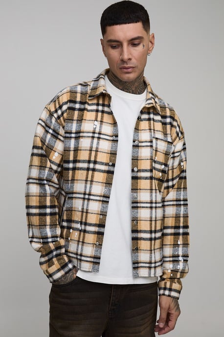 Tall Oversized Boxy Paint Splatter Check Shirt - Image 3