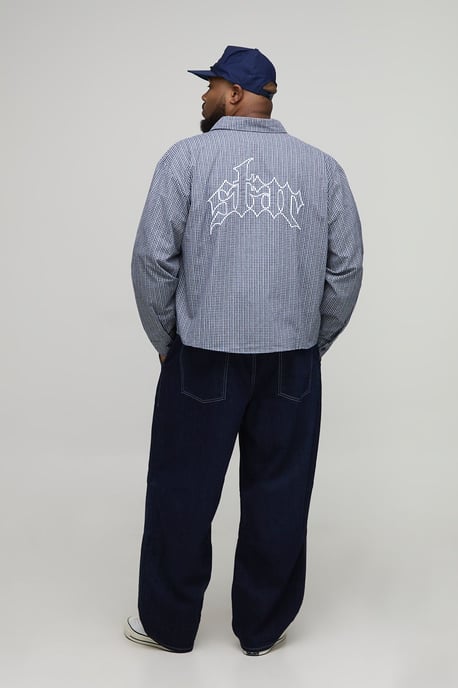 Plus Oversized Boxy Embroidered Micro Check Shirt - Image 2