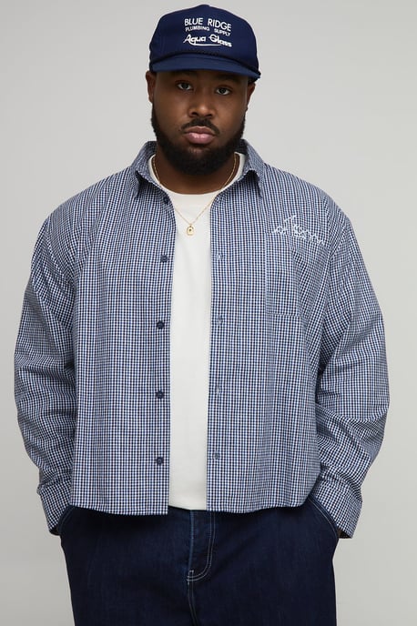 Plus Oversized Boxy Embroidered Micro Check Shirt - Image 3