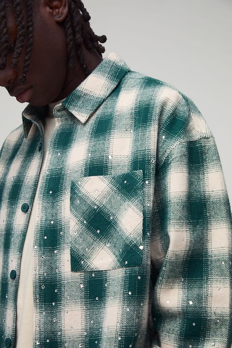 Oversized Ombre Rhinestone Embellished Heavyweight Check Shirt - Image 3