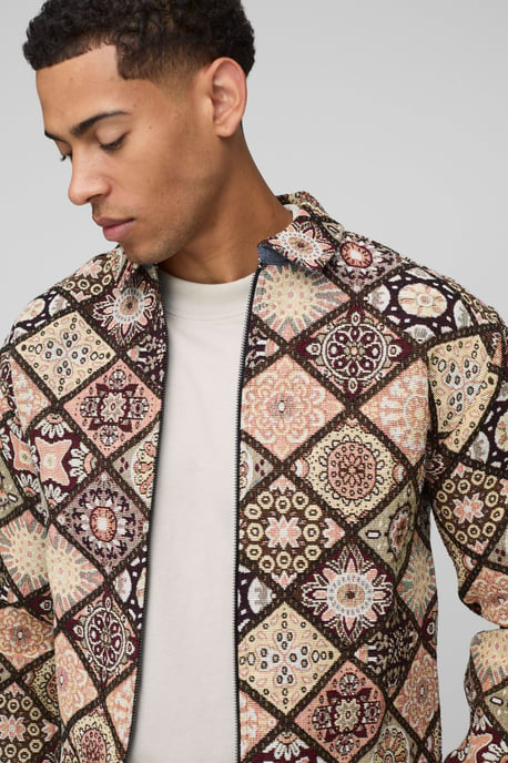 Long Sleeve Zip Through Diamond Tapestry Overshirt - Image 3
