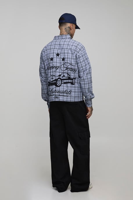 Tall Oversized Boxy Racing Embroidered Micro Check Shirt - Image 2