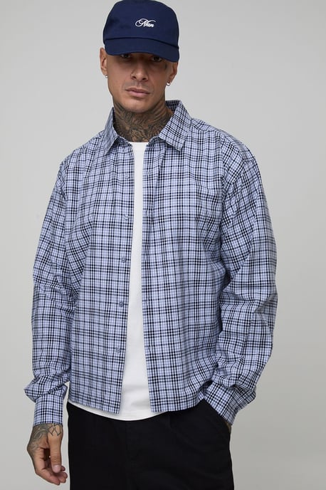 Tall Oversized Boxy Racing Embroidered Micro Check Shirt - Image 3