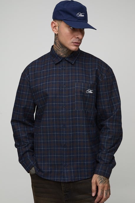 Tall Oversized Boxy Brushed Check Embroidered Shirt - Image 3