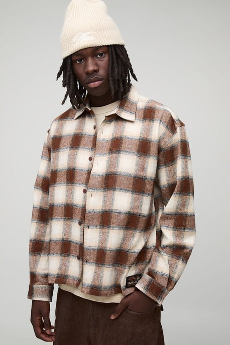 Oversized Boxy Brushed Check Badge Carpenter Overshirt - Image 1