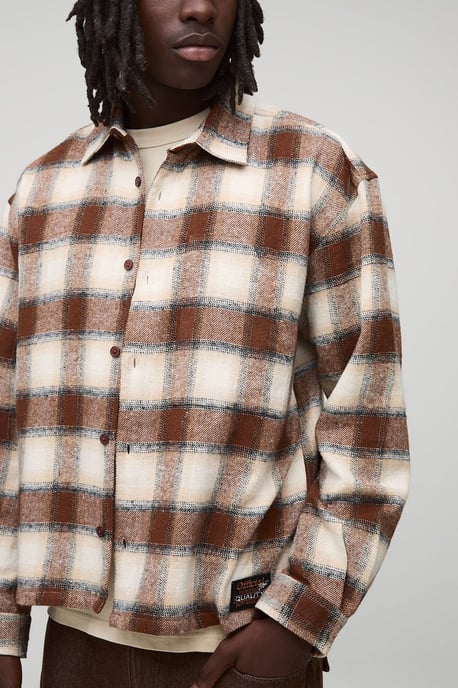 Oversized Boxy Brushed Check Badge Carpenter Overshirt - Image 3