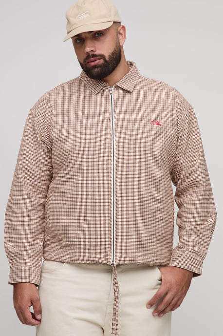 Plus Oversized Boxy Heritage Check Embroidered Zip Up Overshirt - Image 1