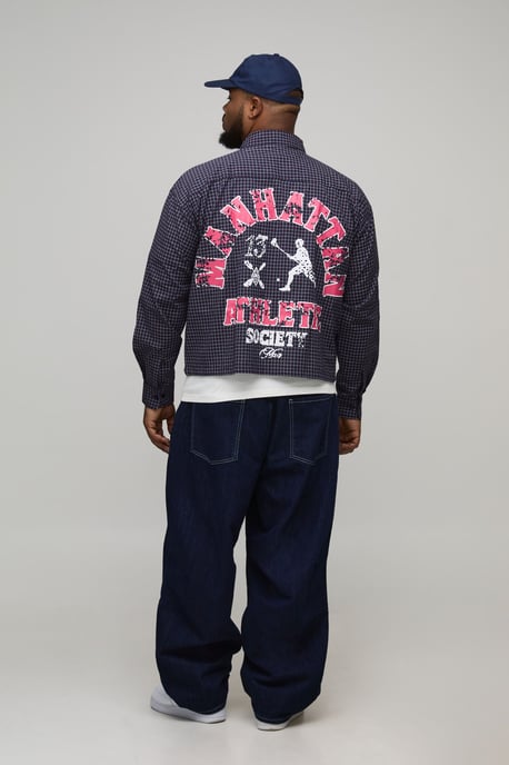 Plus Oversized Boxy Varsity Print Micro Check Shirt - Image 2