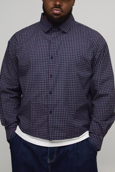 Plus Oversized Boxy Varsity Print Micro Check Shirt - Image 3