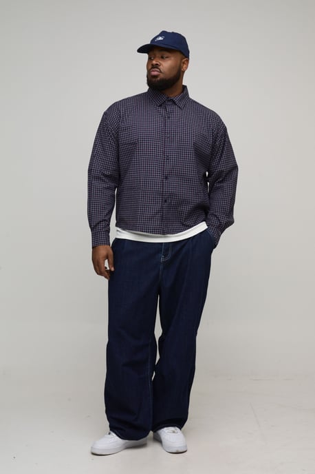 Plus Oversized Boxy Varsity Print Micro Check Shirt - Image 4