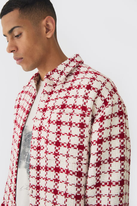 Oversized Boucle Bungee Hem Check Overshirt - Image 3