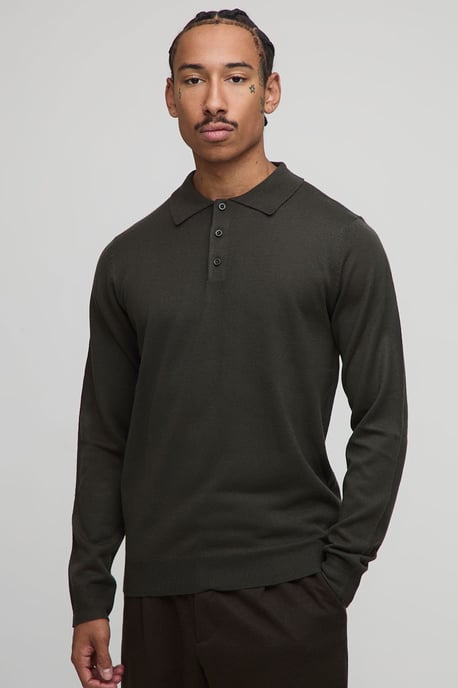 Regular Fit Button Up Knitted Long Sleeve Polo - Image 1
