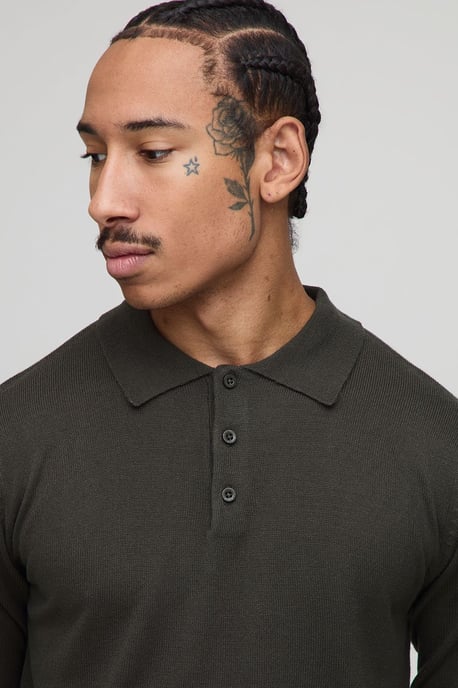 Regular Fit Button Up Knitted Long Sleeve Polo - Image 3