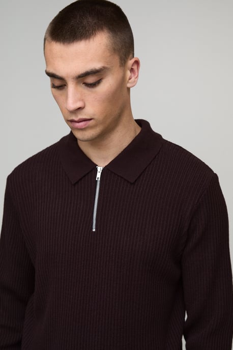 Regular Fit 1/4 Zip Rib Long Sleeve Knitted Polo - Image 3