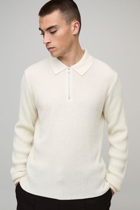 Regular Fit 1/4 Zip Rib Long Sleeve Knitted Polo - Image 1