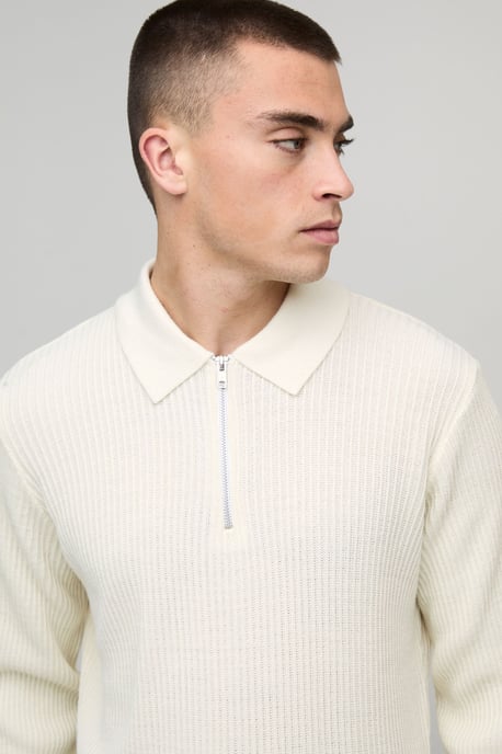 Regular Fit 1/4 Zip Rib Long Sleeve Knitted Polo - Image 3