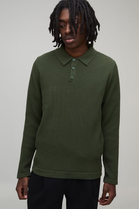 Regular Fit Button Neck Waffle Long Sleeve Knitted Polo - Image 1