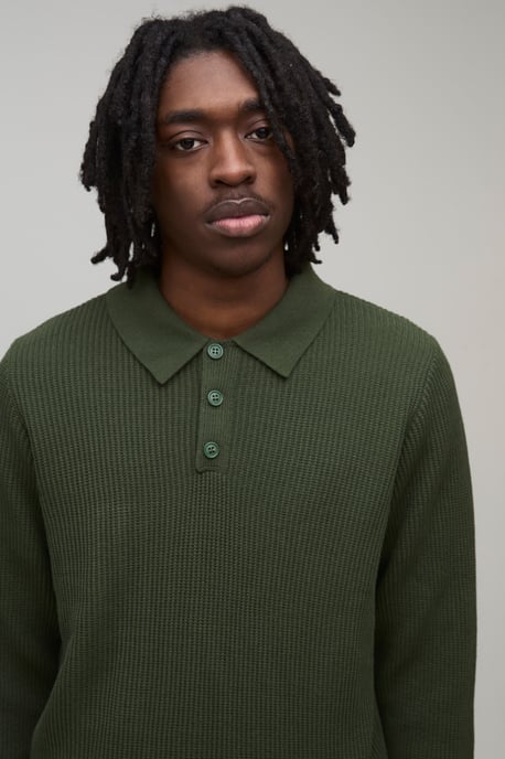 Regular Fit Button Neck Waffle Long Sleeve Knitted Polo - Image 3