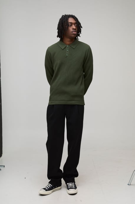 Regular Fit Button Neck Waffle Long Sleeve Knitted Polo - Image 4