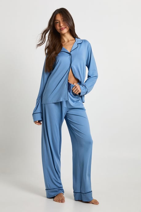 Jersey Piping Detail Long Sleeve Shirt & Trouser Pyjama Set - Image 1