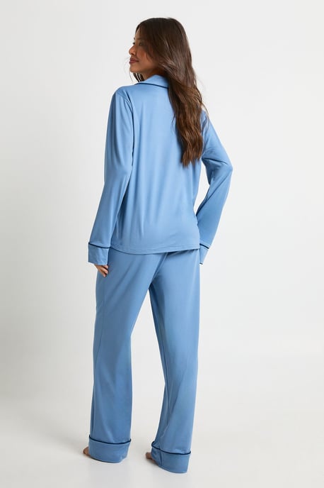 Jersey Piping Detail Long Sleeve Shirt & Trouser Pyjama Set - Image 2