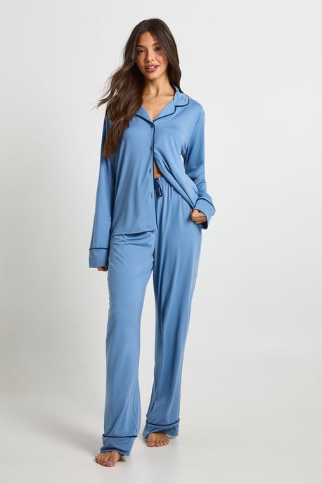 Jersey Piping Detail Long Sleeve Shirt & Trouser Pyjama Set - Image 3