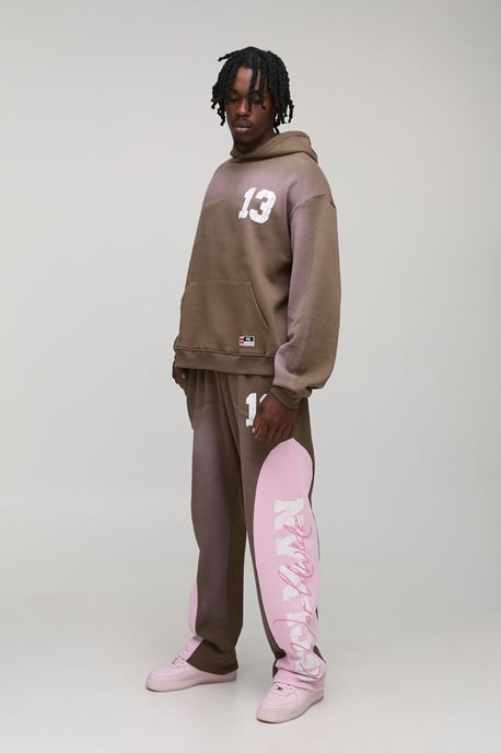 Tall Oversized Boxy Spray Wash 13 Print Hoodie & Baggy Panel Jogger Tracksuit - Image 1