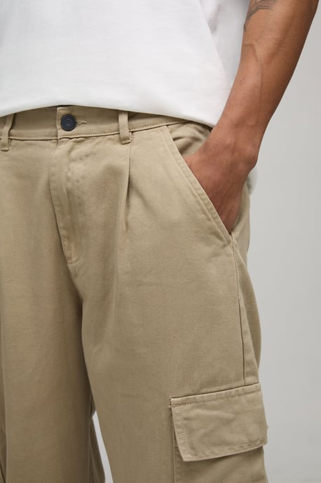 Wide Fit Half & Half Waistband Cargo Pocket Washed Twill Trouser - Image 3