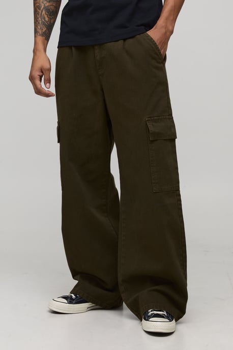 Wide Fit Half & Half Waistband Cargo Pocket Washed Twill Trouser - Image 1