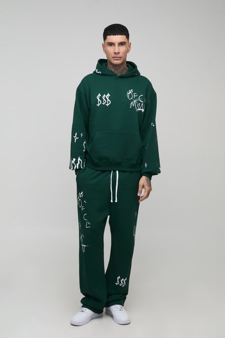 Tall Oversized Boxy Doodle Print Hoodie & Oversized Dropped Crotch Jogger Tracksuit - Image 1