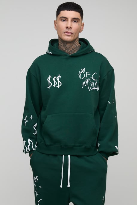 Tall Oversized Boxy Doodle Print Hoodie & Oversized Dropped Crotch Jogger Tracksuit - Image 3