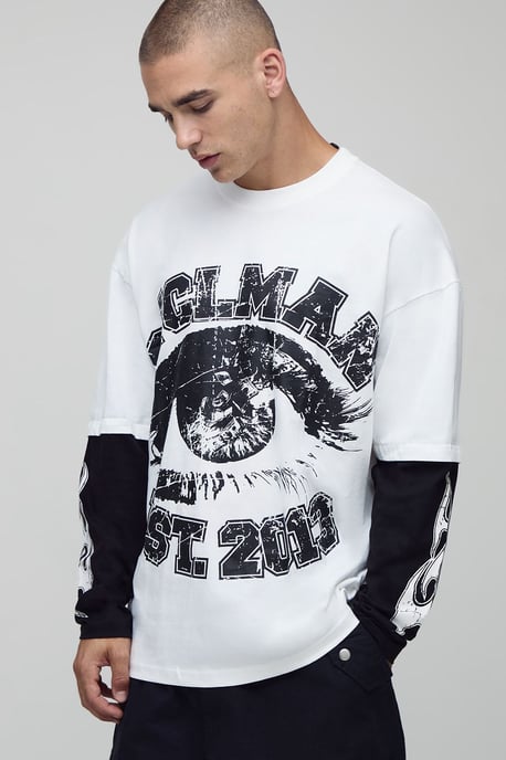 White Oversized Faux Layer Ofcl Man Varsity Printed Long Sleeve T-Shirt - Image 1