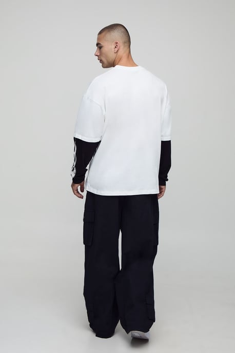 White Oversized Faux Layer Ofcl Man Varsity Printed Long Sleeve T-Shirt - Image 2