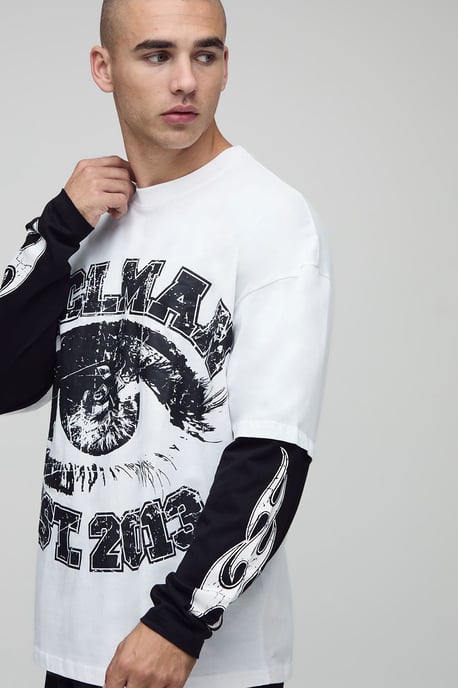 White Oversized Faux Layer Ofcl Man Varsity Printed Long Sleeve T-Shirt - Image 3