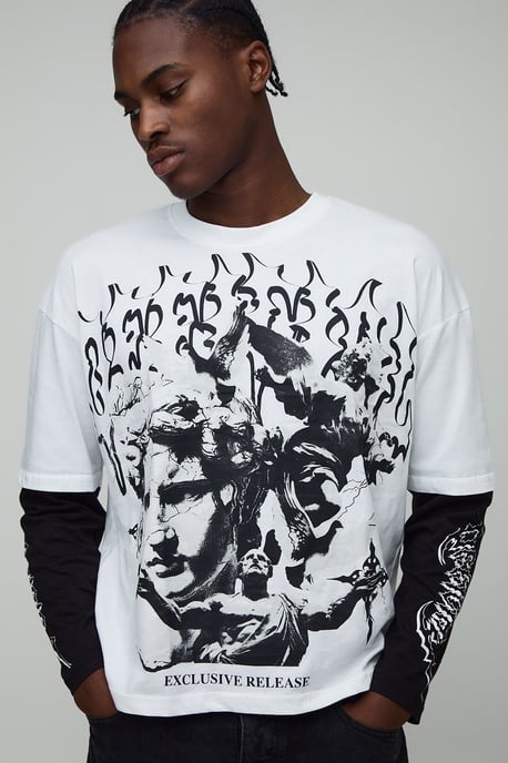 Oversized Boxy Faux Layer Gothic Printed Long Sleeve T-Shirt - Image 3