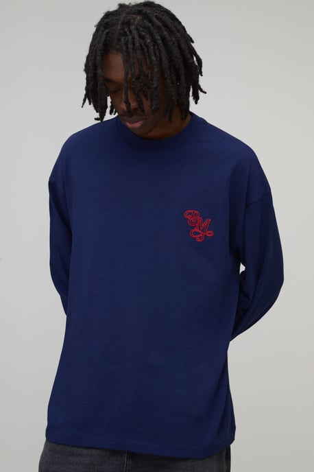 Oversized Heavyweight BM Embroidered Long Flute Sleeve T-Shirt - Image 1
