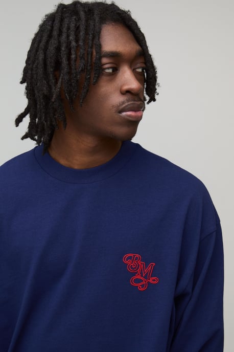Oversized Heavyweight BM Embroidered Long Flute Sleeve T-Shirt - Image 3