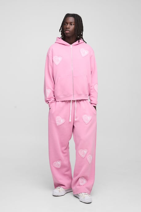 Oversized Boxy Zip Through and Extreme Wide Leg Hearts Applique Tracksuit - Image 1