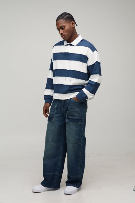 Wide Leg Panelled Moto Embossed Jeans - Image 4