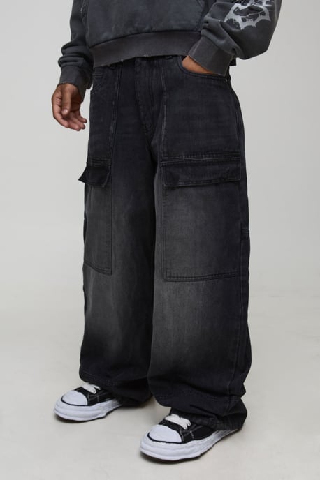 Wide Leg Panelled Moto Embossed Jeans - Image 1