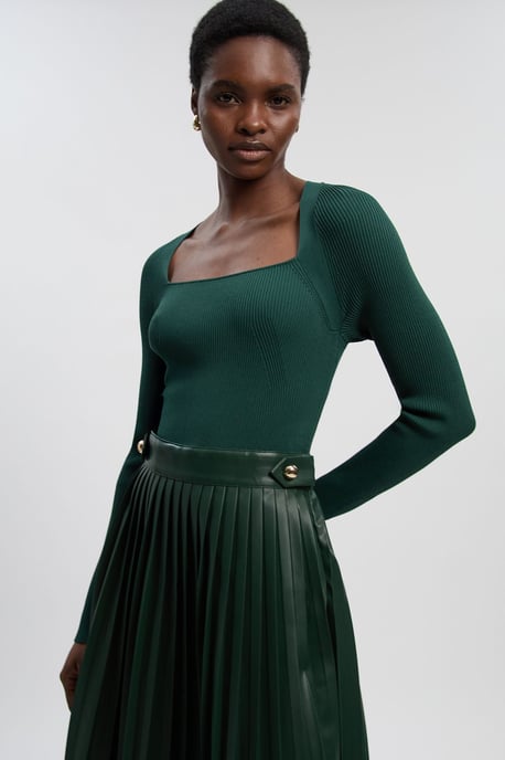 Viscose Rib Pu Mix Tab Detail Pleated Knit Midi Dress - Image 2