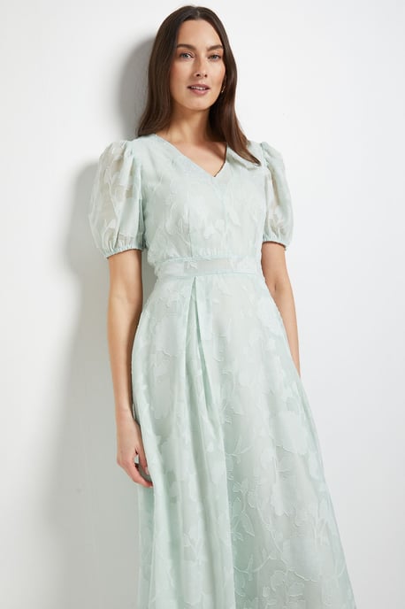 Floral Jacquard Puff Sleeve Midi Dress - Image 2