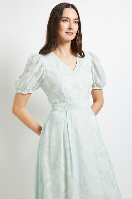 Floral Jacquard Puff Sleeve Midi Dress - Image 4
