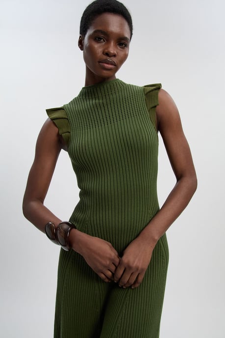 Pointelle Frill Sleeve Knit Midi Dress - Image 2