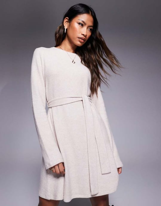 ASOS DESIGN supersoft belted swing mini dress in oat - Image 2