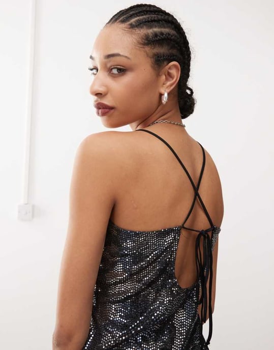 Noisy May tie back sequin mini dress in black - Image 4