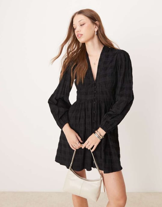 Nobody's Child Starlight cord mini dress with balloon sleeves in black check - Image 1