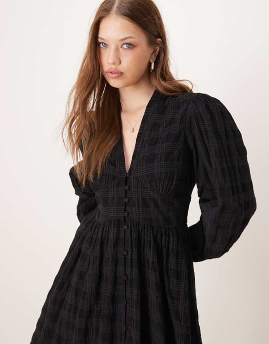 Nobody's Child Starlight cord mini dress with balloon sleeves in black check - Image 2