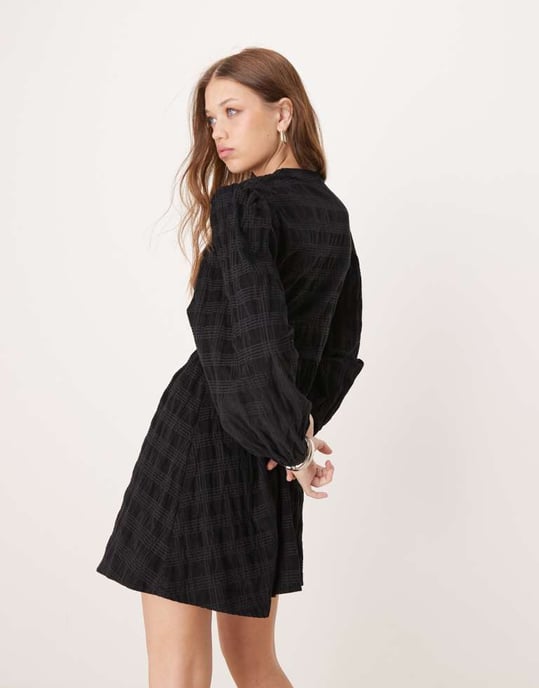 Nobody's Child Starlight cord mini dress with balloon sleeves in black check - Image 3